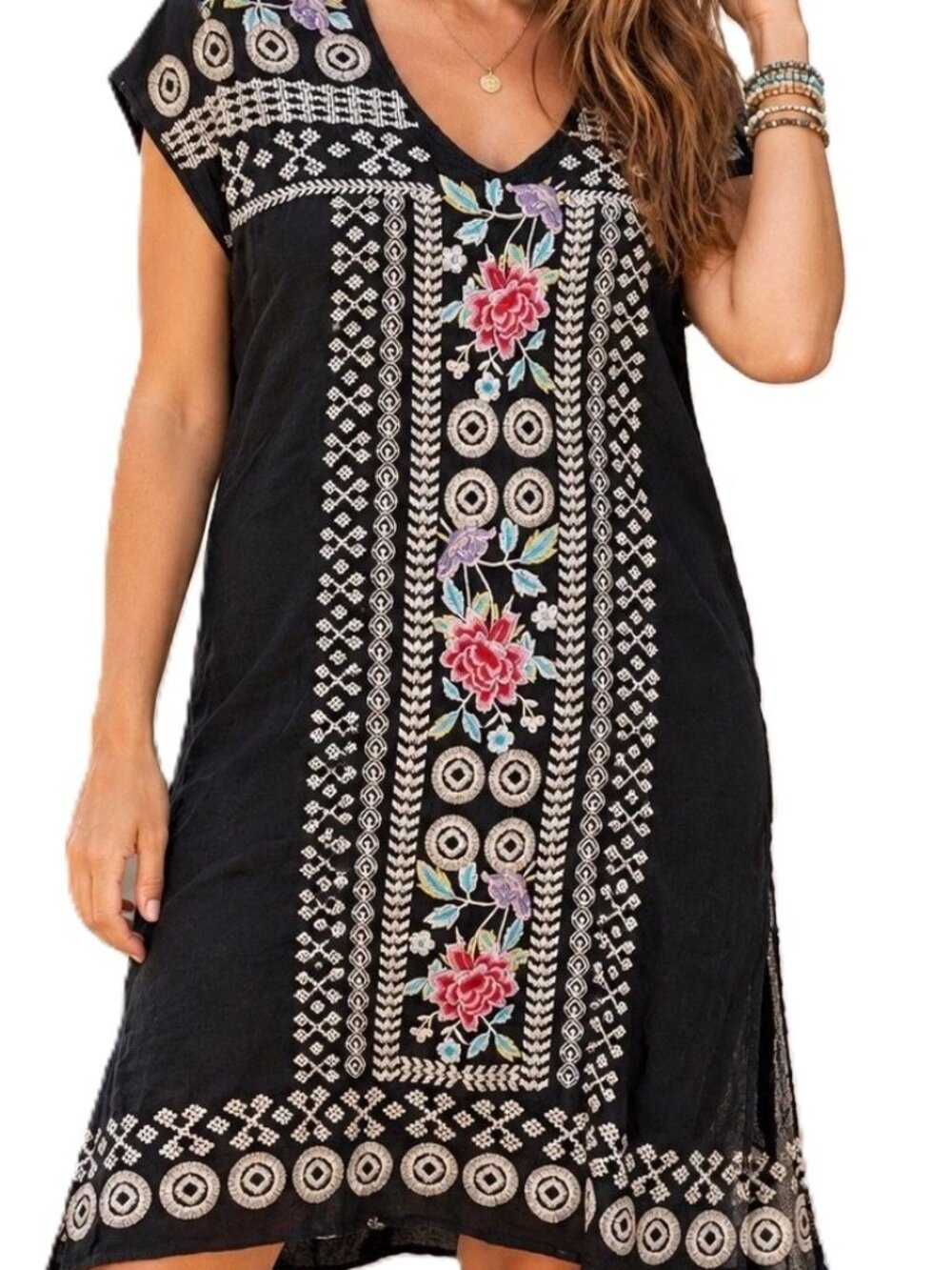 Johnny Was Tara Black A-Line Dress 2X Embroidered Linen, Cap Sleeves, 12" Slits